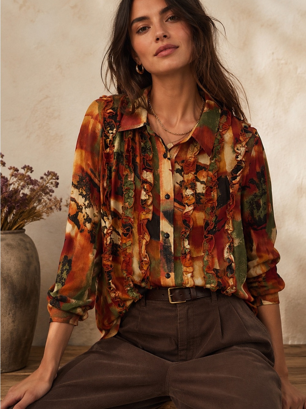 Women’s 100% Viscose Ruffle Button Front Abstract Boho Blouse